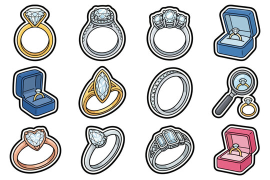 Variety of elegant engagement rings and boxes with diamonds.