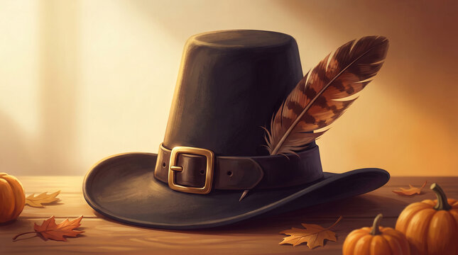 Pilgrim hat with a feather on wooden table surrounded by pumpkins  