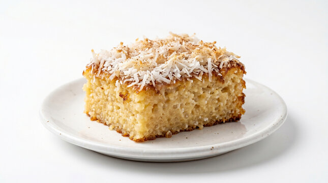 A delicious square cake with coconut toppings, served on a white plate