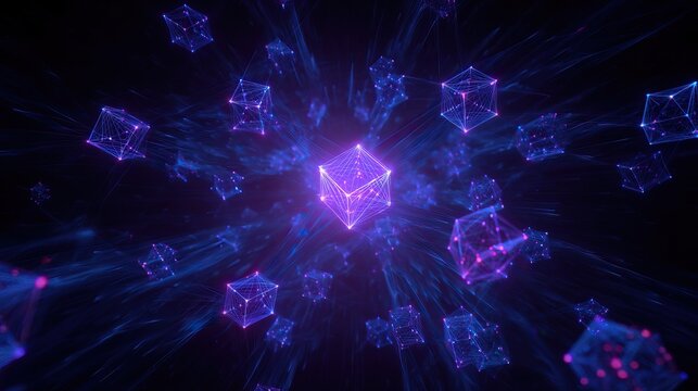 Glowing Blue Wireframe Cube Floating in an Abstract Digital Network Space. AI generated image