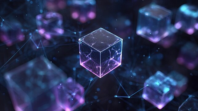 Glowing Blue Wireframe Cube Floating in an Abstract Digital Network Space. AI generated image