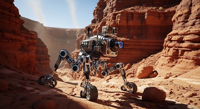 Metallic, multi-legged robotic explorer navigates sun-drenched canyon floor