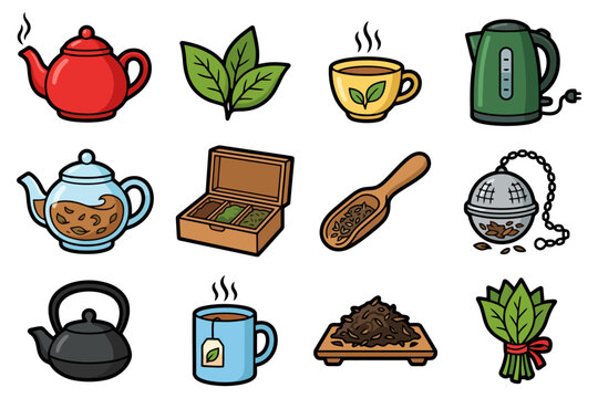 Colorful array of tea icons featuring teapots cups and leaves.