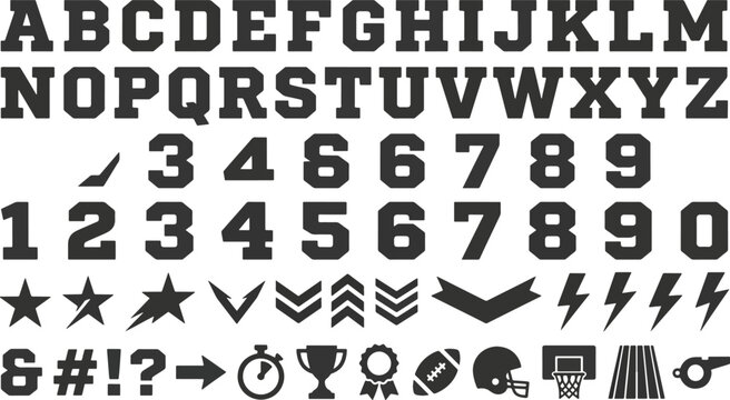 Set of dark gray isolated alphabet letters, numbers, and various symbols on transparent background.