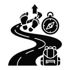 Naklejka premium Black and white of hiking trail symbols, including footprints, compass, and backpack on a