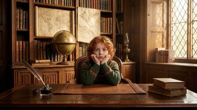 Young boy with red hair in a library