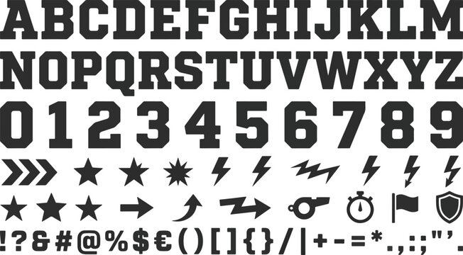 Classic block collegiate alphabet set with numbers and sports icons in black on transparent background.