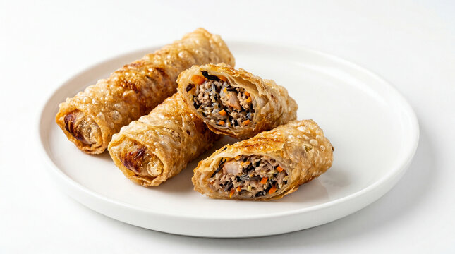 Crispy Vietnamese Fried Spring Rolls (Nem Ran) with Pork and Vegetable Filling on a White Plate, Isolated on White Background, Commercial Food Shot