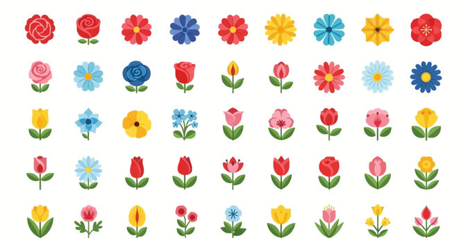 Collection of colorful flower icons and illustrations.