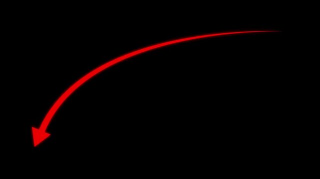 Animated red curved arrow pointer overlay, hand drawn directional marker for presentation and editing