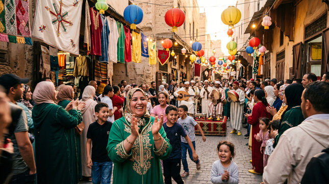 Middle-aged Moroccan woman in an embroidered djellaba clapping and smiling during a lantern-lit medina street festival