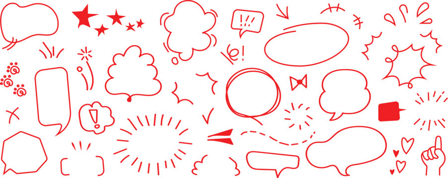 Red hand-drawn speech bubbles, comic stars, arrows, and decorative doodle symbols