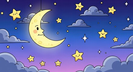 Fototapeta premium A dark blue night sky with a cartoon moon and stars creates a seamless vector pattern for a dream fantasy landscape illustration or baby Christmas card design