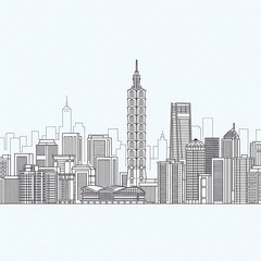 Obraz premium Minimalist line drawing of a dense city skyline with a prominent skyscraper
