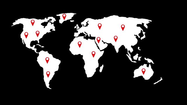Global business network map with red location pins, worldwide logistics and international connectivity concept animation