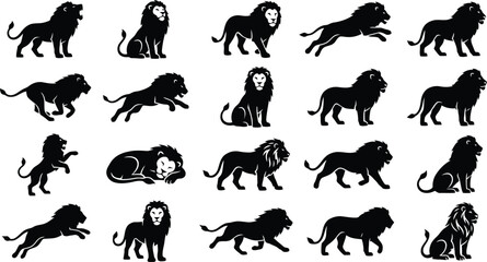 Powerful Lion Icon Collection: Roaring, Walking, and Running Silhouettes © Fazla Rabbi