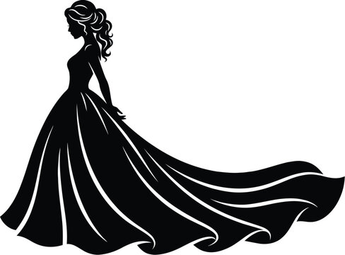 Silhouette of a woman in a long flowing ball gown dress standing isolated on a plain white background.
