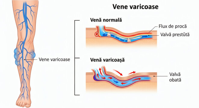 Medical diagram comparing normal and varicose veins in human leg