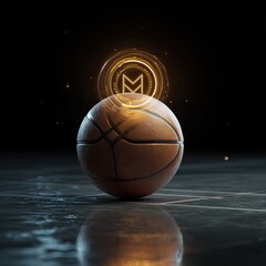 Fototapeta premium Glossy Basketball with Glowing Blue NFT Hologram Ring Floating on a Digital Platform. AI generated image