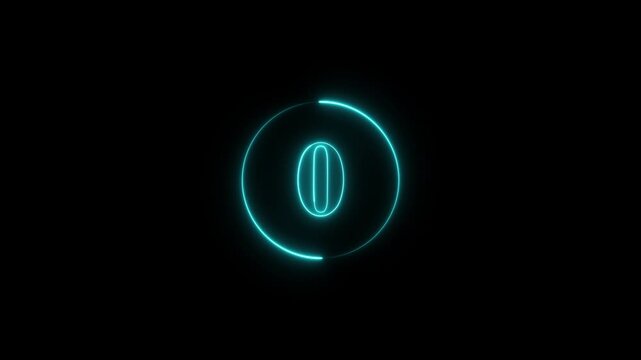 Neon glowing countdown timer with circular progress bar, digital 4 k motion for presentations and intros
