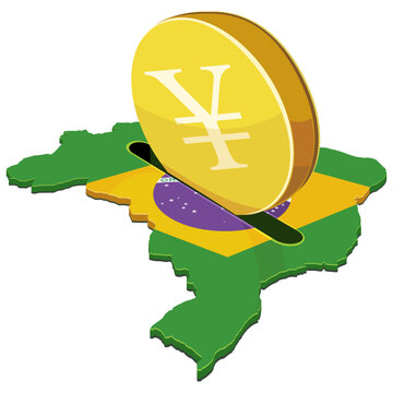 Illustration of Asian capital entering Brazil, representing foreign investment, trade relations, and economic cooperation using a yen or yuan coin and map. (cut out)