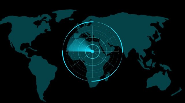 Digital radar scanning map overlay, futuristic global surveillance and data tracking technology motion