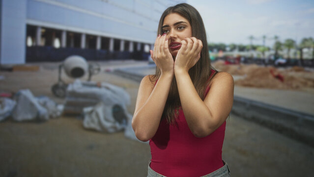 Young hispanic woman covering face with hands near concrete mixer at building construction site; shyness hesitation.
