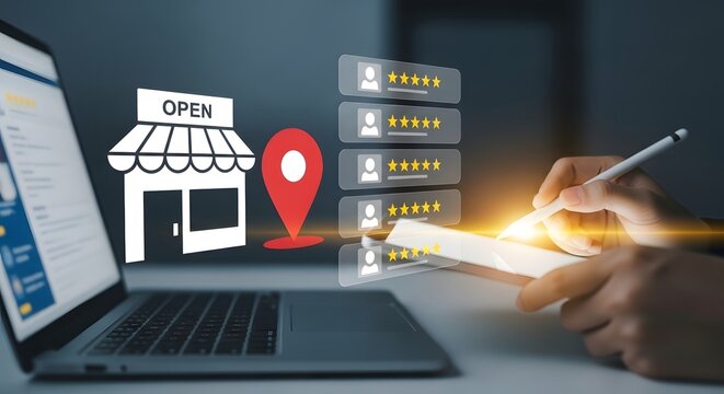 Professional managing local business reputation with digital stylus on tablet displaying five star reviews and storefront location pin for online marketing and customer feedback management tools