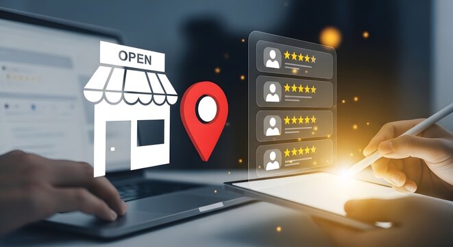 Hand using digital stylus on tablet to manage local business listing with five star customer review interface and open storefront icon for digital marketing and reputation management concepts