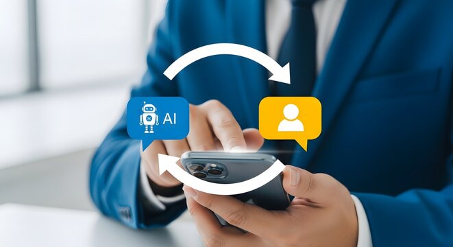 Business professional using smartphone with AI communication cycle icon overlay representing automated customer support and human interaction for digital transformation and enterprise communication