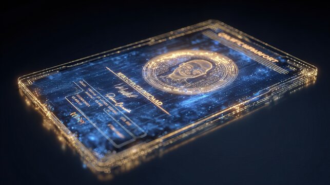 Glowing Futuristic Digital Identity Card with Golden Holographic Chip and Blue Signature. AI generated image