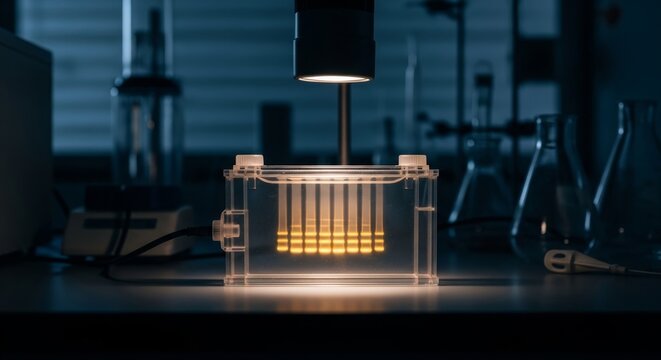 DNA Gel Electrophoresis Tank Illuminated in Lab