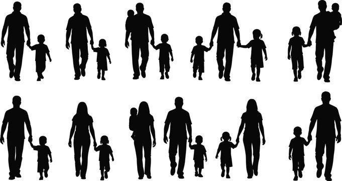 Black Silhouettes of Parents Walking with Children Holding Hands, Father Mother and Child Figures, Family Togetherness Isolated on White Background