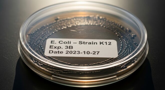 E. Coli K12 bacterial culture in petri dish with label
