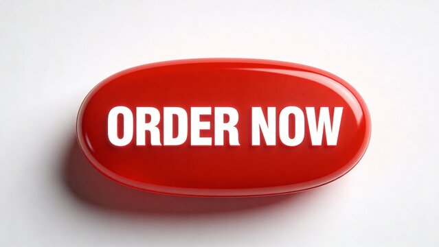 Red Glossy Order Now Button Isolated on White Background for Ecommerce and Marketing Design