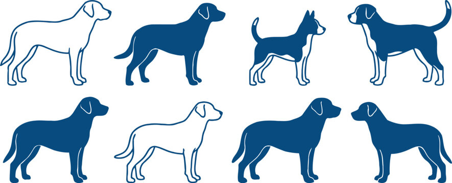 Eight different dog breeds in various poses and colors