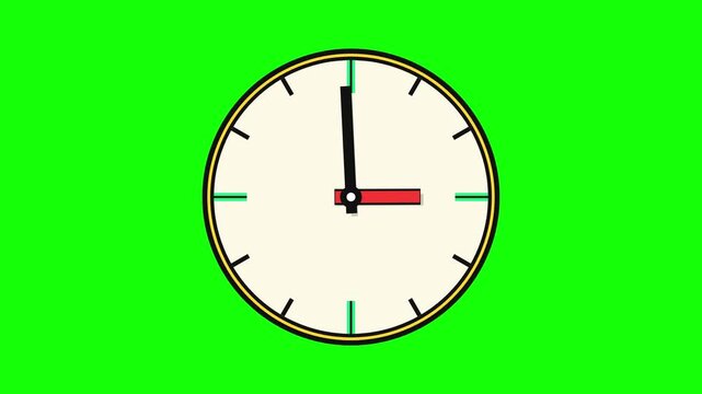 Animation of a 24-hour rotating wall clock, a retro-style circular wall clock on a green screen background