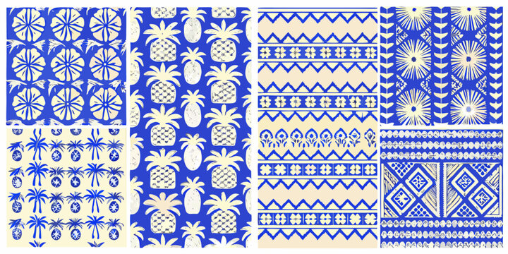 Tropical pattern set with palm trees pineapples and geometric designs