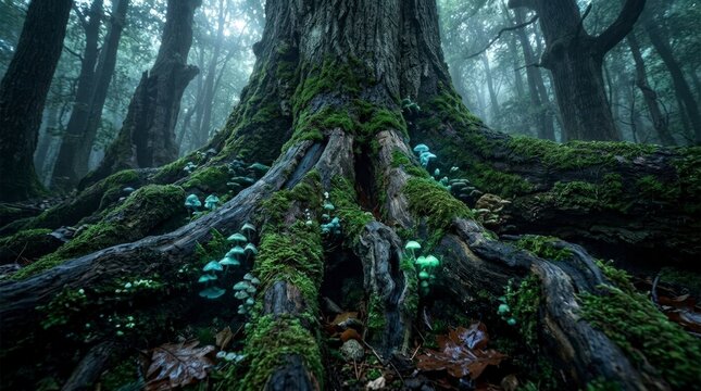 Ancient tree roots covered in moss and mushrooms