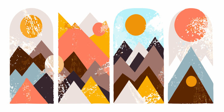 geometric mountain scenes with sun and arch vector illustration