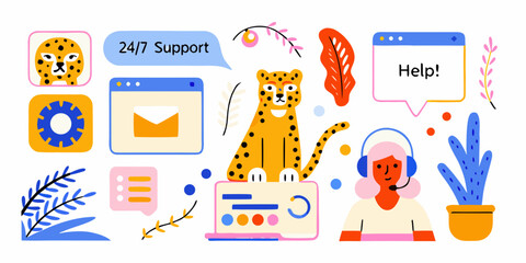 Customer service illustration with cheetah laptop and support icons © Pali