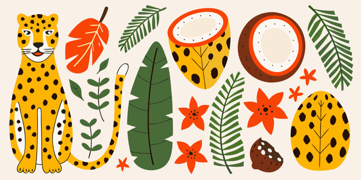 Stylized illustration of a leopard with tropical leaves and fruits