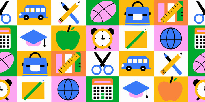 school supplies pattern flat design grid with educational icons