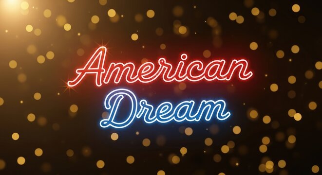 American dream neon text glowing in red and blue script font over dark background with gold bokeh lights.