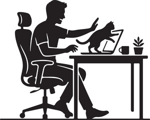 Fototapeta premium vector of a person playfully pushing a cat away from their laptop keyboard on a desk