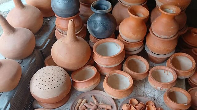 Handmade terracotta pots of India.