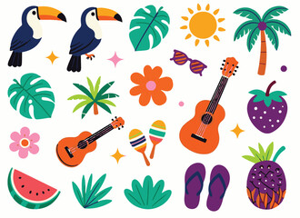 Tropical Summer Vacation Elements Set with Toucan, Ukulele, Palm Leaves, Fruits and Beach Accessories © Shahnaz