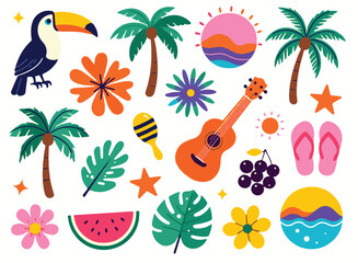 Tropical Summer Vacation Elements Set with Toucan, Ukulele, Palm Trees, Fruits, and Beach Icons on White Background © Shahnaz