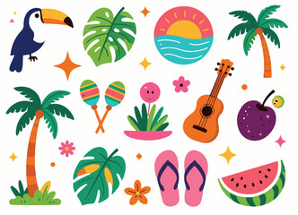 Tropical Summer Vacation Elements Set with Toucan, Monstera Leaves, Sun, and Beach Accessories © Shahnaz