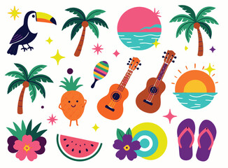 Tropical Summer Vacation Elements Set with Toucan, Palm Trees, Fruits and Musical Instruments © Shahnaz